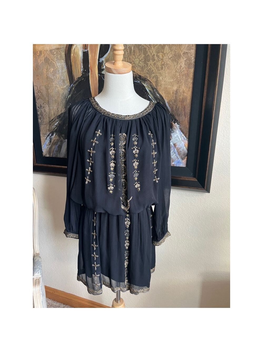 Women's Joie Dress Black Silk Dress with Gold Beading S